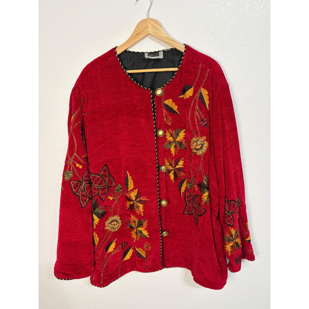 Vintage‎ Maggie Barnes Red Embroidered Floral Button Front Jacket Textured Coat